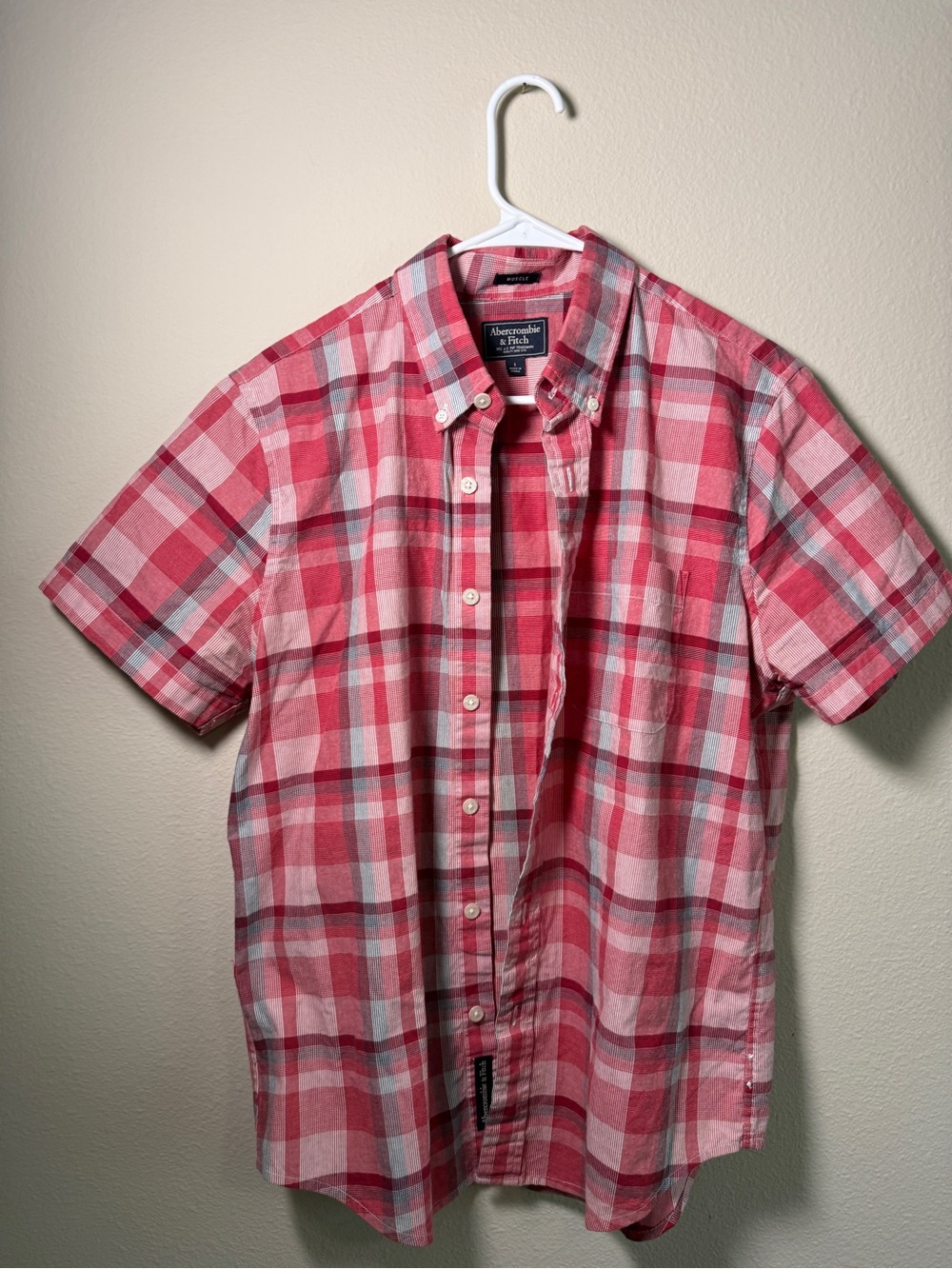 Abercrombie & Fitch Pink and Red Plaid Short-Sleeve Button-Down Shirt